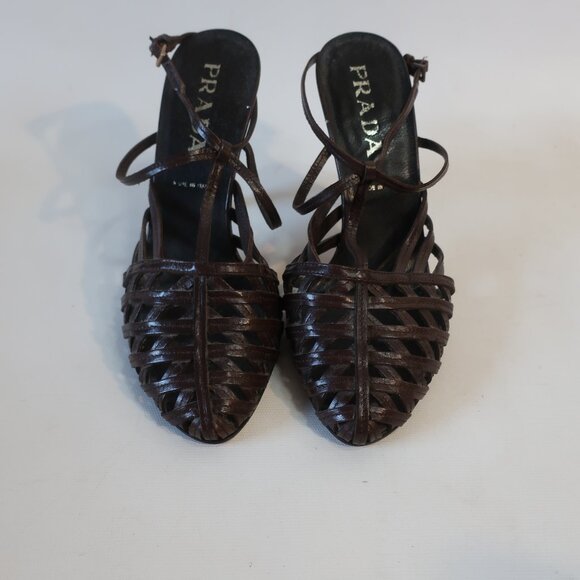 NWOB Womens Prada Brown Caged Strap Leather Cone Heel Slingback Pumps 39 US/9 - Picture 2 of 11